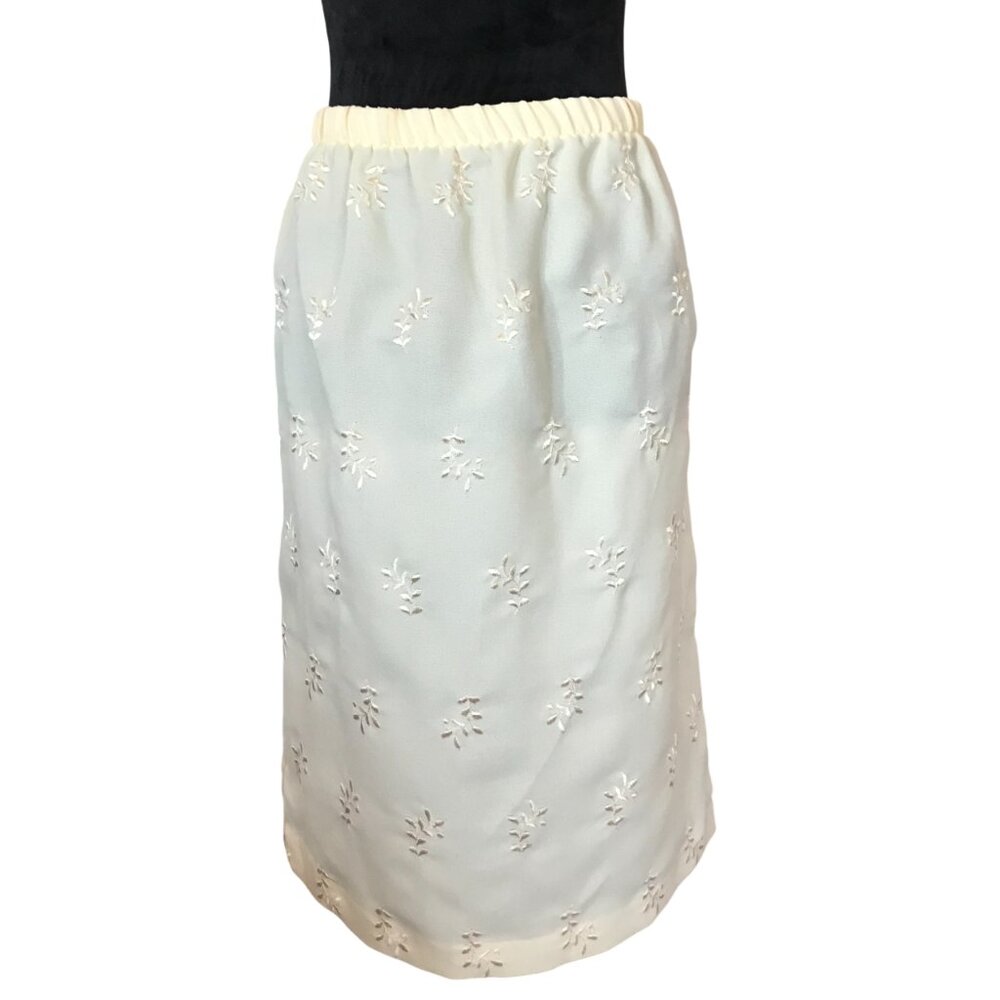 70s Floral Elastic Waist Embroidered Skirt, Vintage Yellow Polyester Size 14